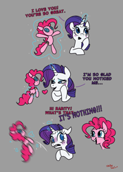 Size: 1500x2100 | Tagged: safe, artist:shelbysmol, imported from derpibooru, pinkie pie, rarity, earth pony, pony, unicorn, blushing, caught, dialogue, female, floating heart, floppy ears, glowing, glowing horn, heart, horn, lesbian, levitation, looking sideways, magic, magic aura, mare, open mouth, open smile, plushie, raripie, shipping, shrunken pupils, smiling, telekinesis