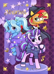 Size: 748x1024 | Tagged: safe, artist:brella, imported from derpibooru, starlight glimmer, sunset shimmer, trixie, pony, unicorn, alternate hairstyle, babysitter trixie, clothes, edgelight glimmer, fedora, female, gameloft, gameloft interpretation, hat, hoodie, horn, mask, masquerade mask, my little pony: magic princess, patterned background