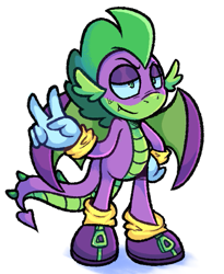 Size: 461x561 | Tagged: safe, artist:kreeeeeez, imported from derpibooru, spike, anthro, dragon, clothes, g4, gloves, mobian, peace sign, shoes, simple background, smiling, solo, sonic the hedgehog (series), sonicified, species swap, tail, white background, winged spike, wings