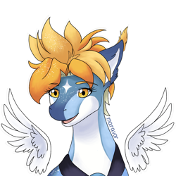 Size: 1378x1378 | Tagged: safe, artist:maravor, imported from derpibooru, oc, oc:chengmei, pegasus, pony, bust, coat markings, colored eyebrows, colored pinnae, ear tufts, facial markings, floating wings, freckles, open mouth, pale belly, portrait, simple background, solo, star (coat marking), white background, wings