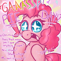 Size: 960x960 | Tagged: safe, artist:dynamosaysrelax, imported from derpibooru, pinkie pie, earth pony, pony, excited, happy, pi, pi day, pinkie pi, pun, solo, text, wingding eyes