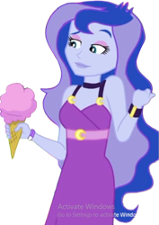 Size: 1787x2520 | Tagged: safe, edit, edited screencap, editor:mrtoonlover83, imported from derpibooru, screencap, princess luna, human, equestria girls, equestria girls series, the road less scheduled, the road less scheduled: celestia, spoiler:eqg series (season 2), background removed, bare shoulders, belt, clothes, dress, eyebrows, eyeshadow, grin, ice cream cone, lipstick, makeup, my little pony equestria girls: choose your own ending, pointing, raised eyebrow, simple background, sleeveless, sleeveless dress, smiling, smirk, solo, transparent background, vice principal luna, wristband