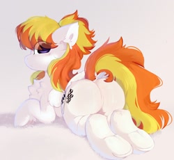 Size: 1808x1662 | Tagged: safe, artist:little-sketches, oc, oc only, pegasus, pony, butt, cheek fluff, chest fluff, commission, ear fluff, eye clipping through hair, eyebrows visible through hair, female, floppy ears, folded wings, gray background, leg fluff, looking back, lying down, mare, pegasus oc, pegasus wings, plot, raised tail, rear view, simple background, solo, tail, tail aside, two toned mane, two toned tail, underhoof, wings, ych result