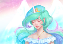 Size: 1200x846 | Tagged: safe, artist:murr000, imported from derpibooru, princess celestia, human, big breasts, breasts, clothes, crown, eyes closed, female, horn, horned humanization, humanized, jewelry, necklace, regalia, solo