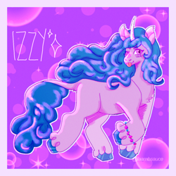 Size: 1000x1000 | Tagged: safe, artist:laamb-sauce, imported from derpibooru, izzy moonbow, pony, unicorn, blush scribble, blushing, bracelet, character name, female, friendship bracelet, g5, horn, jewelry, looking at you, mare, one eye closed, passepartout, raised leg, smiling, solo, tail, tongue out, wink, winking at you