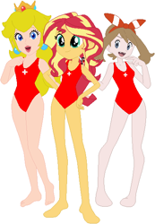 Size: 411x594 | Tagged: safe, artist:sturk-fontaine, imported from derpibooru, sunset shimmer, fairy, human, equestria girls, base used, clothes, crossover, disney fairies, lifeguard, may (pokémon), pokémon, princess peach, silvermist, simple background, size difference, super mario, super mario bros., swimsuit, white background