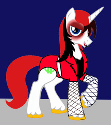 Size: 1290x1460 | Tagged: safe, alternate version, artist:kingofmlp, imported from derpibooru, oc, oc only, oc:lmoney, pony, unicorn, series:my little scene star, clothes, fishnet clothing, fishnets, heavy makeup, horn, makeup, outdoors, performance, performer, punk, singer, socks, solo, stage, stockings, thigh highs