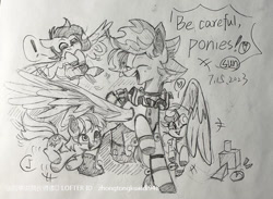 Size: 750x549 | Tagged: safe, artist:zhongtongkuaidi948, imported from derpibooru, oc, oc only, earth pony, pegasus, pony, unicorn, dialogue, exclamation point, female, filly, foal, grayscale, heart, horn, monochrome, music notes, pencil drawing, pictogram, speech bubble, traditional art