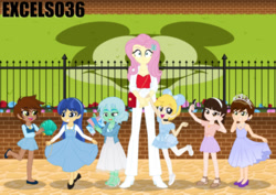 Size: 935x661 | Tagged: safe, artist:excelso36, imported from derpibooru, fluttershy, human, clothes, crossdressing, disneyland, grin, nervous, nervous grin, smiling