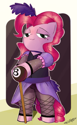 Size: 1145x1850 | Tagged: safe, artist:caralowhigh, imported from derpibooru, pinkie pie, earth pony, pony, bipedal, cane, clothes, cute, diapinkes, dress, eightball, female, fishnet clothing, fishnet pantyhose, lidded eyes, looking at you, mare, pantyhose, saloon dress, saloon pinkie, smiling, smiling at you, solo, toeless legwear