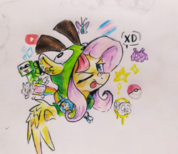 Size: 4096x3542 | Tagged: safe, artist:mirio_p2, imported from derpibooru, fluttershy, butterfly, pegasus, pony, antonymph, colored, creeper, full color, galaga, ncs, nyan cat, one eye closed, poké ball, pokémon, pride, pride flag, traditional art, transgender pride flag, vylet pony, wink, xd