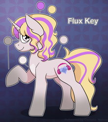 Size: 2418x2733 | Tagged: safe, artist:cornelia_nelson, imported from derpibooru, oc, oc only, oc:flux key, unicorn, character name, coat markings, commissioner:dhs, cutie mark, female, gradient background, gray eyes, heart, heart mark, horn, mare, patterned background, reference sheet, socks (coat markings), solo, solo female, tail, two toned mane, two toned tail, underbelly, wavy mane