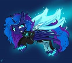 Size: 3200x2812 | Tagged: safe, artist:galaxy swirl, imported from derpibooru, comet tail, oc, oc:sapphire spark, alicorn, badhorse, commissioner:dhs, crystal empire, diamond eyes, glowing, sash, simple background, supervillain