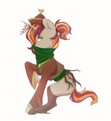 Size: 3700x4039 | Tagged: artist needed, safe, imported from derpibooru, oc, oc:autumnal harvest, undead, badhorse, clothes, commissioner:dhs, face covered, freckles, heart, jiangshi, looking at you, roots, scarf, simple background, talisman