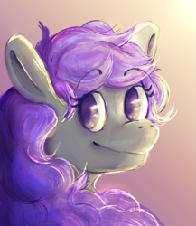 Size: 1065x1228 | Tagged: safe, artist:filzyhans, imported from derpibooru, oc, oc:rural soup, pegasus, pony, bust, curly mane, eyebrows, eyebrows visible through hair, eyelashes, long mane, portrait, purple eyes, purple mane, smiling, solo