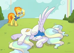 Size: 2545x1825 | Tagged: safe, artist:skysorbett, imported from derpibooru, spitfire, vapor trail, pegasus, pony, captain of the wonderbolts, clothes, crash landing, drill sergeant, duo, family guy death pose, female, grass, lying down, lying on the ground, mare, meme, necktie, on ground, open mouth, outdoors, rainbow falls (location), shocked, shocked expression, shrunken pupils, spitfire's tie, sunglasses, this ended in pain, uniform, wings, wonderbolt trainee uniform, wonderbolts dress uniform, wonderbolts uniform