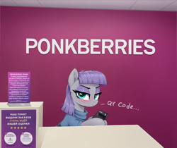 Size: 2116x1776 | Tagged: safe, imported from twibooru, maud pie, earth pony, pony, ai composition, ai generated, blushing, cyrillic, female, generator:zoinksnoob, holding, image, looking at you, mare, png, prompter:ramprover, qr reader, russian, solo, text