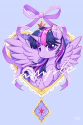 Size: 1200x1800 | Tagged: safe, artist:co306012, imported from derpibooru, twilight sparkle, alicorn, pony, female, heart, light blue background, mare, sample, simple background, smiling, solo, spread wings, text, twilight sparkle (alicorn), upper body, wings