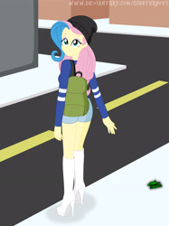 Size: 2560x3414 | Tagged: safe, artist:gibsterboy5, imported from derpibooru, fluttershy, human, equestria girls, backpack, beanie, boots, breasts, city, clothes, complex background, denim, denim shorts, eyeshadow, female, hat, high heel boots, high heels, high res, looking back, makeup, multicolored hair, outdoors, platform boots, platform heels, platform shoes, road, shoes, shorts, signature, solo, standing, street, sweater, two toned hair