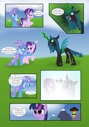 Size: 4241x5999 | Tagged: safe, artist:agreylongma, imported from derpibooru, queen chrysalis, starlight glimmer, trixie, changeling, changeling queen, pony, unicorn, cape, clothes, explosion, female, glowing, glowing horn, hat, horn, magic, mare, nuclear explosion, outdoors, trixie's cape, trixie's hat