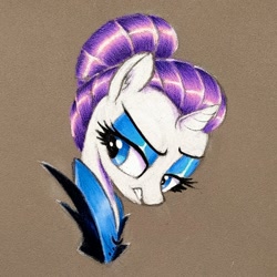 Size: 1960x1960 | Tagged: safe, artist:mizhisha, imported from derpibooru, rarity, pony, unicorn, alternate hairstyle, alternate timeline, bust, female, horn, looking back, mare, night maid rarity, nightmare takeover timeline, solo, traditional art