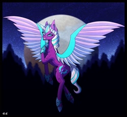 Size: 2130x1967 | Tagged: safe, artist:silents25875990, imported from derpibooru, opaline arcana, alicorn, pony, antagonist, chest fluff, dark, digital art, eyeshadow, feather, female, flying, forest, full moon, g5, grin, hoof shoes, horn, looking at you, makeup, mare, moon, nature, night, night sky, outdoors, princess shoes, sky, smiling, smiling at you, solo, spread wings, tree, wings