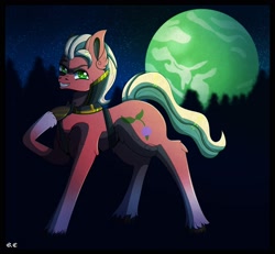 Size: 2130x1967 | Tagged: safe, artist:silents25875990, imported from derpibooru, sprout cloverleaf, earth pony, pony, antagonist, dark, emperor sprout, forest, full moon, g5, male, moon, nature, night, night sky, outdoors, sky, solo, stallion, tree