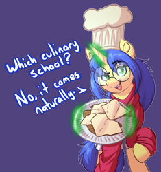 Size: 2400x2548 | Tagged: safe, artist:witchtaunter, imported from derpibooru, oc, oc only, pony, unicorn, bread, chef's hat, clothes, commission, croissant, female, food, hat, horn, looking at you, magic, plate, simple background, smiling, smiling at you, telekinesis, text