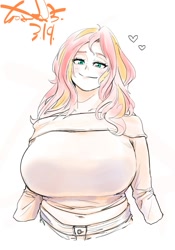 Size: 1400x2000 | Tagged: safe, artist:sozglitch, imported from derpibooru, sunset shimmer, human, belly, belly button, big breasts, breasts, bust, busty sunset shimmer, chubby, clothes, female, floating heart, heart, huge breasts, humanized, lidded eyes, looking at you, off shoulder, plump, simple background, smiling, smiling at you, solo, white background