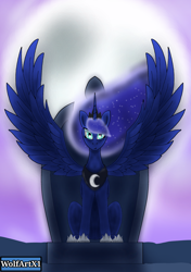 Size: 1748x2480 | Tagged: safe, artist:wolfartx1, imported from derpibooru, princess luna, alicorn, pony, digital art, ethereal mane, glowing, glowing eyes, phone drawing, sitting, spread wings, throne, wings