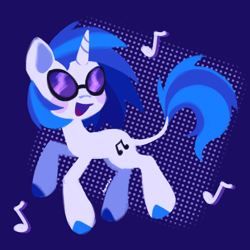Size: 2048x2048 | Tagged: safe, artist:yumochiix, imported from derpibooru, dj pon-3, vinyl scratch, pony, unicorn, :d, ben-day dots, blue background, blue hooves, blush sticker, blushing, colored hooves, dancing, dark blue background, drop shadow, female, full body, hooves, horn, leonine tail, lineless, mare, music notes, open mouth, open smile, signature, simple background, smiling, solo, sunglasses, tail, turned head, unshorn fetlocks, vinyl's glasses