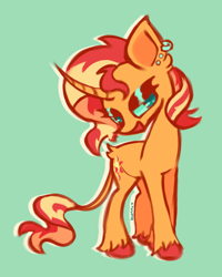 Size: 980x1227 | Tagged: safe, artist:yumochiix, imported from derpibooru, sunset shimmer, pony, unicorn, :d, aside glance, colored hooves, curved horn, drop shadow, ear piercing, eyeshadow, female, foreshortening, full body, green background, hooves, horn, leonine tail, lidded eyes, long horn, looking at you, makeup, mare, open mouth, open smile, piercing, ponified, red hooves, sideways glance, signature, simple background, smiling, smiling at you, solo, standing, tail, unshorn fetlocks