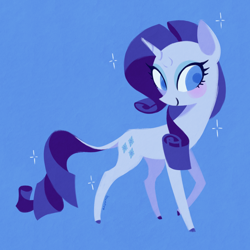 Size: 2048x2048 | Tagged: safe, artist:yumochiix, imported from derpibooru, rarity, pony, unicorn, aside glance, blue, blue background, blue eyeshadow, blush sticker, blushing, closed mouth, colored hooves, eyeshadow, female, full body, hooves, horn, leonine tail, lineless, looking at you, makeup, mare, purple hooves, sideways glance, signature, simple background, smiling, smiling at you, solo, sparkles, tail, turned head, unshorn fetlocks, walking