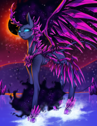 Size: 2000x2600 | Tagged: safe, artist:shad0w-galaxy, imported from derpibooru, nightmare moon, oc, oc:nerath, alicorn, pony, fanfic:infinite eclipse, corrupted, crystal, crystal horn, crystal wings, curved horn, eclipse, emaciated, ethereal mane, ethereal tail, fangs, female, four wings, glowing, glowing eyes, goddess, high res, horn, ice, mare, multiple wings, night, ribcage, skinny, solo, stars, tail, thin, wings