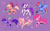 Size: 2048x1253 | Tagged: safe, artist:ashtodusk, imported from derpibooru, applejack, fluttershy, pinkie pie, rainbow dash, rarity, spike, twilight sparkle, alicorn, butterfly, dragon, earth pony, pegasus, pony, unicorn, :d, apple, applejack's hat, aside glance, chest fluff, closed mouth, confetti, cowboy hat, crescent moon, cute, cyan eyes, emanata, eyebrows, feathered wings, female, folded wings, food, full body, g4, glowing, glowing horn, green apple, grin, group, hat, horn, lightning, looking at something, looking at you, magic, magic aura, male, mane six, mare, moon, no pupils, open mouth, open smile, purple background, raised hoof, riding, riding a pony, running, side view, sideways glance, simple background, smiling, smiling at you, sparkles, spike riding twilight, spread wings, standing, standing on three hooves, stars, sun, twilight sparkle (alicorn), unshorn fetlocks, wingless spike, wings
