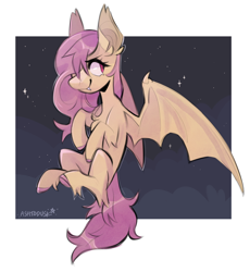 Size: 1886x2048 | Tagged: safe, artist:ashtodusk, imported from derpibooru, fluttershy, bat pony, pony, arm fluff, aside glance, bat ears, bat ponified, bat wings, chest fluff, closed mouth, colored hooves, ear fluff, eyebrows, fangs, female, flutterbat, flying, full body, hair over one eye, hooves, leg fluff, looking at you, mare, night, night sky, outdoors, passepartout, pink hooves, race swap, sideways glance, signature, sky, sky background, smiling, smiling at you, solo, starry sky, stars, three-quarter view, underhoof, unshorn fetlocks, wings