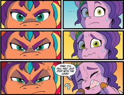Size: 964x741 | Tagged: safe, artist:natalie haines, idw, imported from derpibooru, pipp petals, sunny starscout, earth pony, pegasus, pony, spoiler:comic, spoiler:g5comic, duo, duo female, eyes closed, female, g5, glare, kenbucky roller derby #1, mane stripe sunny, my little pony: kenbucky roller derby, nervous, nervous sweat, scared, starscowl