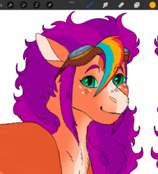 Size: 1406x1546 | Tagged: safe, artist:laamb-sauce, imported from derpibooru, sunny starscout, earth pony, pony, art program in frame, female, g5, looking at you, mane stripe sunny, mare, phone drawing, smiling, solo, wip