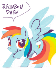 Size: 480x640 | Tagged: safe, artist:tsukisayu, imported from derpibooru, part of a set, rainbow dash, pegasus, pony, character name, closed mouth, feathered wings, female, looking at you, mare, name, oekaki, raised hoof, red eyes, simple background, smiling, smiling at you, solo, speech bubble, standing, three quarter view, white background, wings