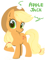 Size: 480x640 | Tagged: safe, artist:tsukisayu, imported from derpibooru, part of a set, applejack, earth pony, pony, applejack's hat, character name, closed mouth, cowboy hat, female, full body, hat, looking at you, mare, name, oekaki, raised hoof, simple background, smiling, smiling at you, solo, speech bubble, standing, white background