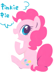 Size: 480x640 | Tagged: safe, artist:tsukisayu, imported from derpibooru, part of a set, pinkie pie, earth pony, pony, :d, aside glance, character name, female, full body, looking at you, mare, name, oekaki, open mouth, open smile, raised hoof, side view, sideways glance, simple background, sitting, smiling, smiling at you, solo, speech bubble, white background