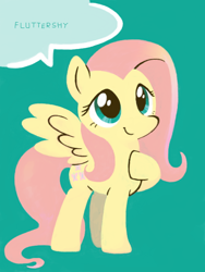 Size: 480x640 | Tagged: safe, artist:tsukisayu, imported from derpibooru, part of a set, fluttershy, pegasus, pony, character name, closed mouth, feathered wings, female, full body, green background, hoof on chest, looking at you, mare, name, oekaki, simple background, smiling, smiling at you, solo, speech bubble, standing, three quarter view, wings