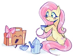 Size: 1032x789 | Tagged: safe, artist:nevl4nd, imported from derpibooru, fluttershy, pegasus, pony, crossover, cute, daaaaaaaaaaaw, duo, duo female, female, inanimate insanity, mare, shyabetes, simple background, smiling, suitcase (inanimate insanity), sweet dreams fuel, tea party, white background