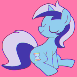 Size: 400x400 | Tagged: safe, artist:tsukisayu, imported from derpibooru, minuette, pony, unicorn, background pony, chromatic aberration, closed mouth, eyes closed, female, full body, horn, mare, pink background, simple background, sitting, smiling, solo, turned head