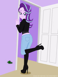 Size: 2400x3200 | Tagged: safe, artist:gibsterboy5, imported from derpibooru, starlight glimmer, human, equestria girls, against wall, boots, breasts, clothes, complex background, denim, door, doorway, eyeshadow, female, high heel boots, high heels, high res, indoors, jacket, jeans, leather, leather jacket, looking at you, looking back, looking back at you, makeup, midriff, multicolored hair, pants, platform boots, platform heels, platform shoes, raised leg, seductive, seductive pose, shirt, shoes, signature, smiling, smiling at you, solo, standing, standing on one leg