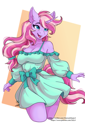 Size: 1269x1899 | Tagged: safe, artist:stainedglasslighthea, imported from derpibooru, oc, oc only, anthro, unicorn, bare shoulders, bow, clothes, dress, female, horn, open mouth, open smile, pinup, smiling, solo