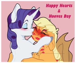 Size: 4096x3427 | Tagged: safe, artist:chub-wub, imported from derpibooru, applejack, rarity, earth pony, pony, unicorn, blonde, blonde mane, blushing, cowboy hat, duo, duo female, eyes closed, female, hat, hearts and hooves day, horn, kiss mark, kiss on the lips, kissing, lesbian, lipstick, orange coat, purple mane, rarijack, romantic, shipping, simple background, text, white coat