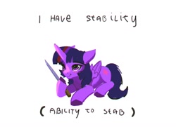 Size: 1161x841 | Tagged: safe, artist:hierozaki, imported from derpibooru, twilight sparkle, alicorn, pony, cute, female, knife, looking up, menacing, purple coat, purple eyes, purple mane, simple background, smiling, solo, solo female, stabbing, text, threatening, twiabetes, twilight sparkle (alicorn)