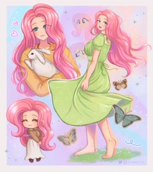 Size: 1829x2048 | Tagged: safe, artist:strawbee_fox, imported from derpibooru, fluttershy, butterfly, human, pegasus, pony, rabbit, animal, barefoot, blue eyes, blushing, clothes, dress, eyes closed, feet, female, gradient background, humanized, light skin, looking at you, looking back, looking back at you, pink hair, pink mane, self paradox, self ponidox, smiling, smiling at you, solo, solo female, yellow coat