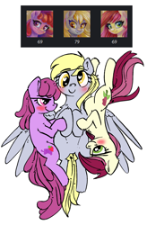 Size: 1164x1770 | Tagged: safe, artist:maytee, artist:uteuk, imported from derpibooru, berry punch, berryshine, derpy hooves, roseluck, earth pony, pegasus, pony, 69 position, blushing, female, hug, mare, oral, sex, simple background, trio, trio female, white background